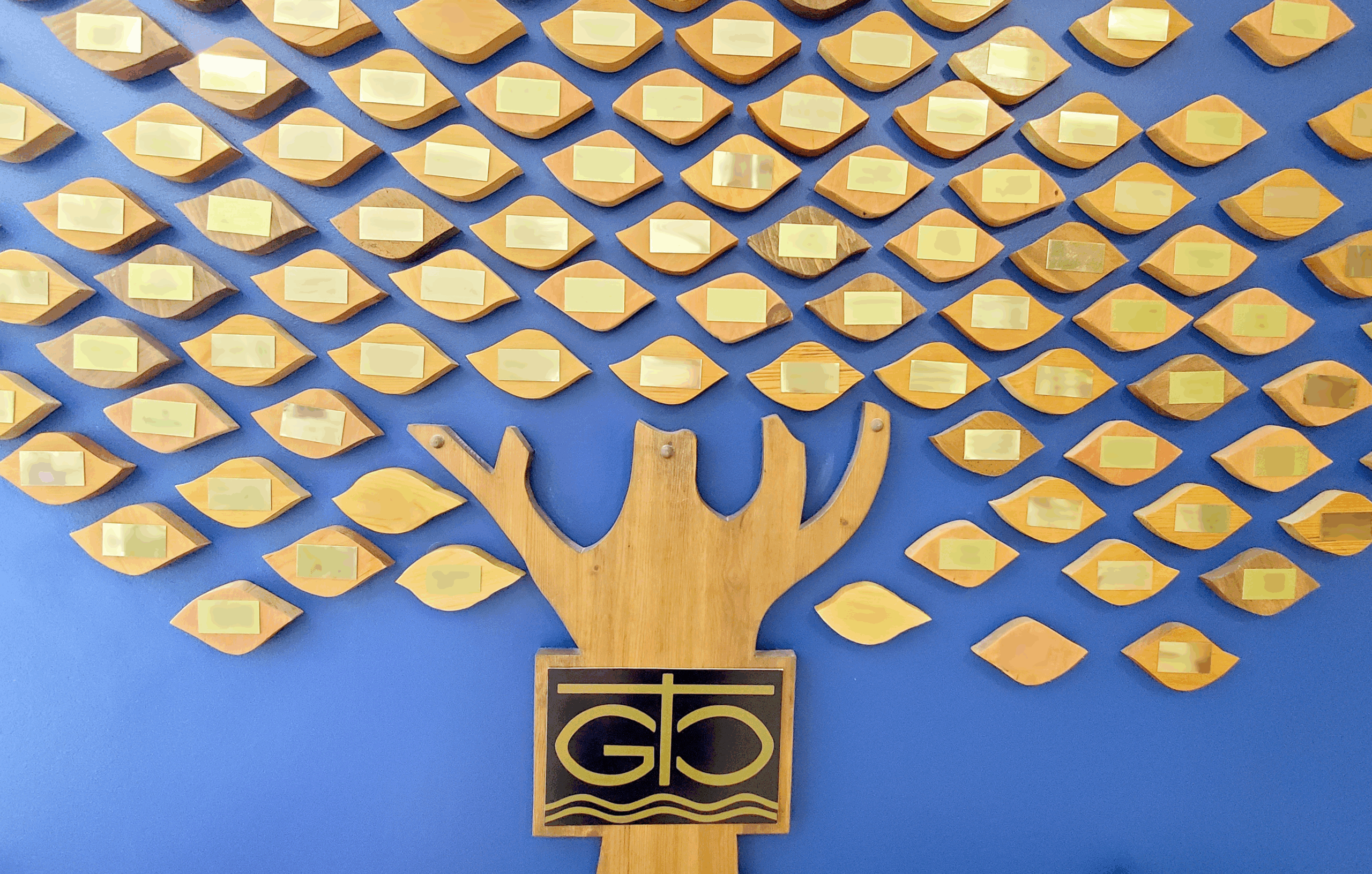 Galilee centre donor tree, wooden leaves with brass plates. 